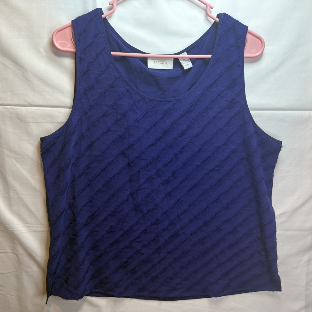 Chicos Women's 2 Purple Sleeveless Tank Top Frayed Stripe Blouse Artsy Casual